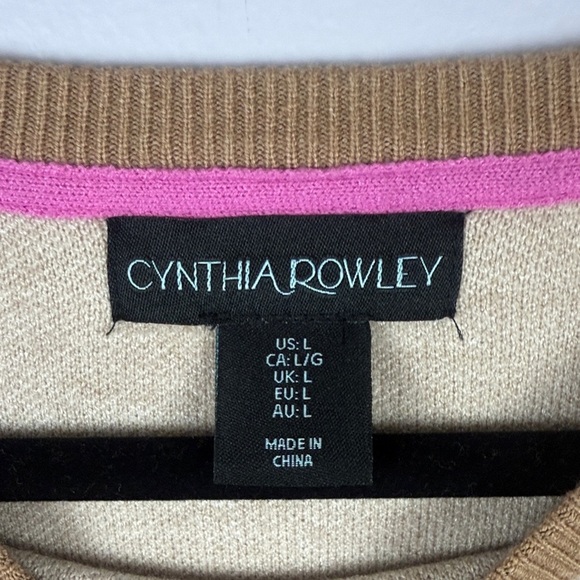 Cynthia Rowley Modern Classic Cozy Cream Camel Brown and Pink Crew Neck Sweater - Picture 2 of 8